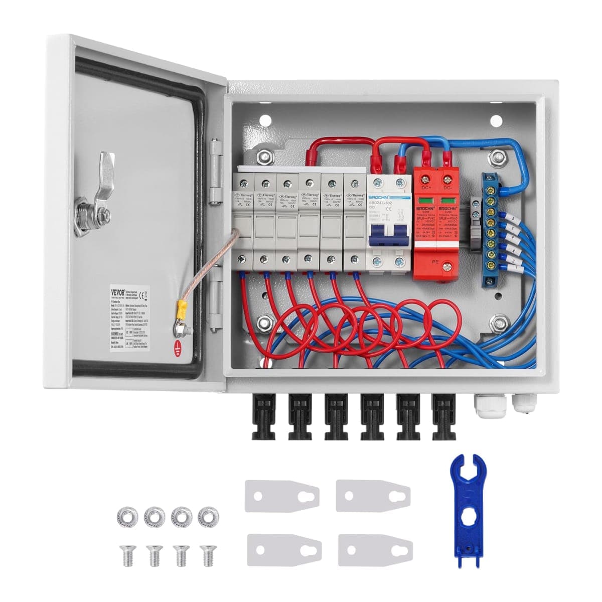 VEVOR 6 String PV Combiner Box, Metal Solar Combiner Box with 15A Rated Current Fuse & 125A Circuit Breaker for On/Off Grid Solar Panel System, IP65