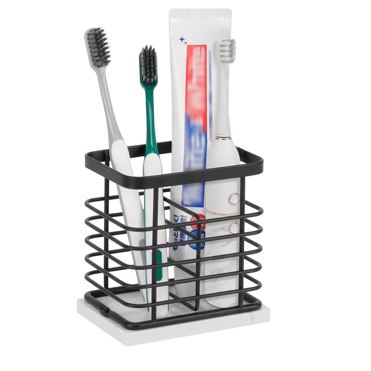 HarJue Toothbrush Holder, Luxurious Metal Toothbrush Toothpaste Holder with Marble Base for Bathroom, Multi-Slots Openwork Design, Bathroom Accessory for Storage and Organizer (Small, Matte Black)