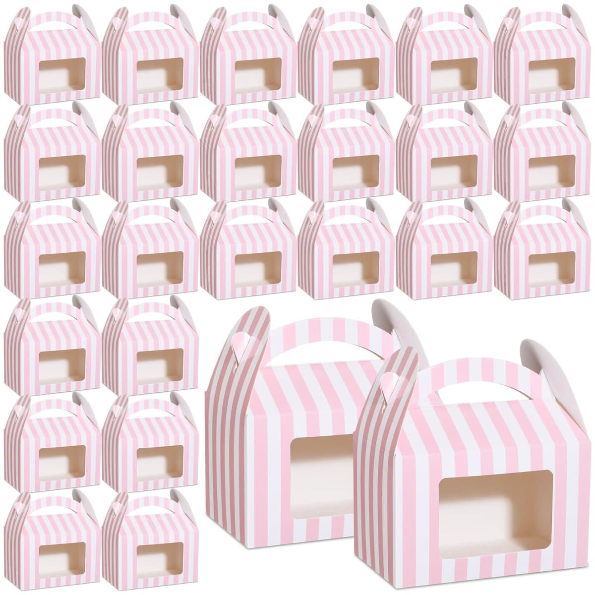 Mooliwe 50 Pcs Pink and White Striped Gable Boxes for Party Favors Bulk Party Favors Pink Small Paper Treat Goodie Box with Clear Window Handle for Baby Shower Birthday Wedding (6 x 3.5 x 3.5 Inch)