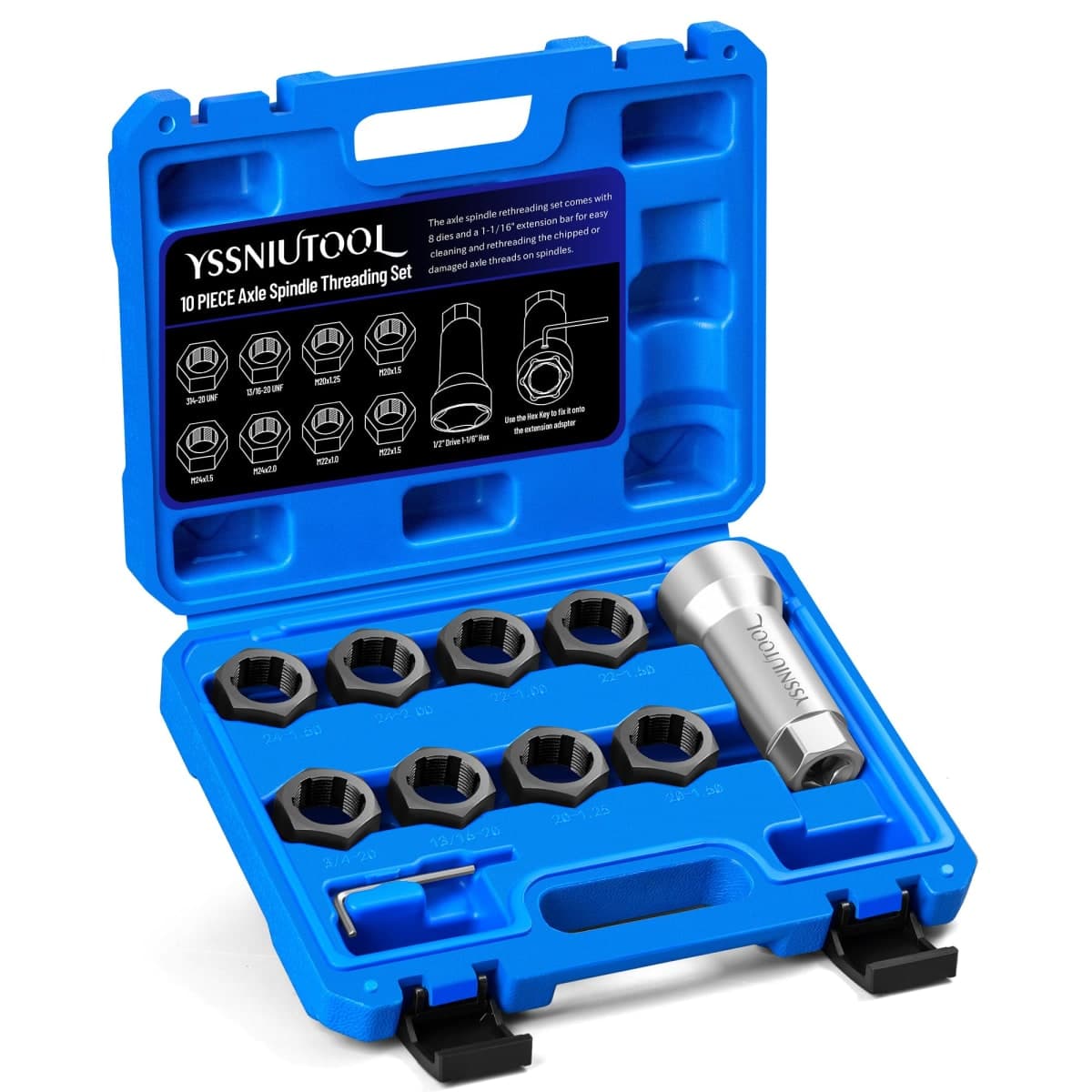 YSSNIUTOOL 10pc Axle Spindle Threading Set, Axle Thread Repair Kit with 8 Dies 1-1/16" Extension Bar, Axle Nut Rethreader with M20 M22 M24 & 13/16" 3/4" UNEF Nuts, Rethreading Tool Kit with Case