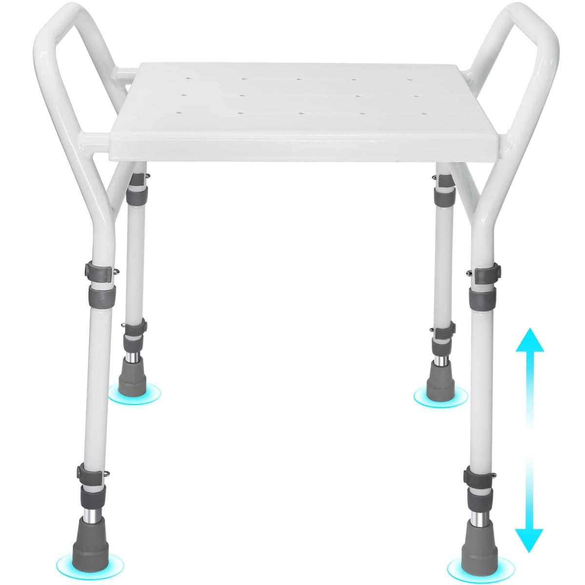 FstChoyis Shower Chair Seat with Arm - H-2312, White Iron, Adjustable Height 16-24 Inches, Anti-Slip Suction Feet, Double-Sided Handrails, 14 Drainage Holes