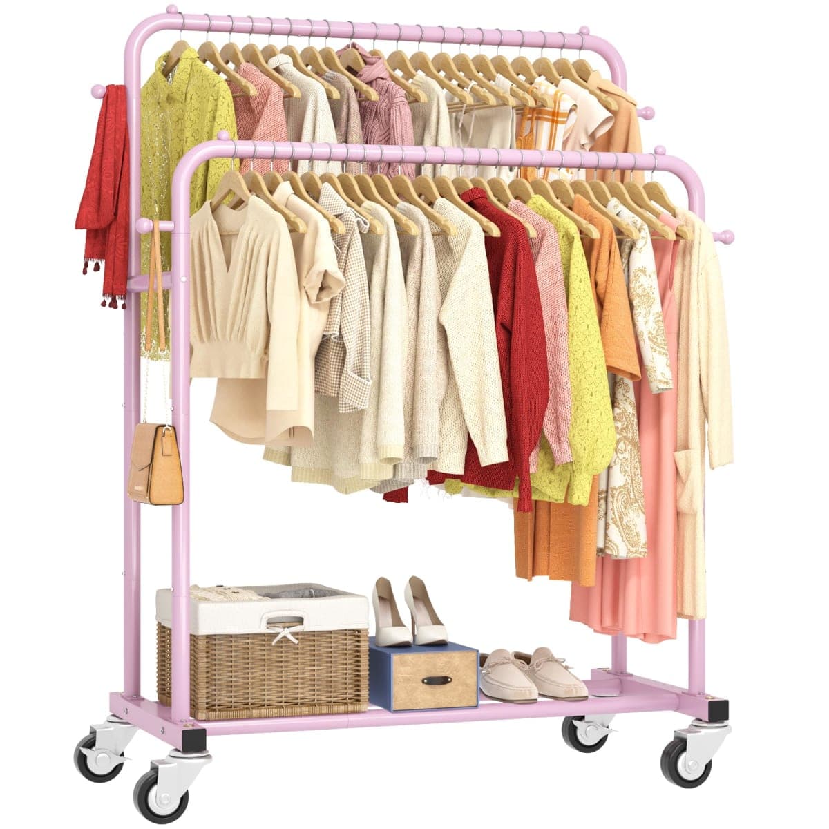 Laiensia Double Rods Garment Rack with Wheels, Clothing Rack for Hanging Clothes,4 Hooks, Multi-Functional Bedroom Clothes Rack, Pink