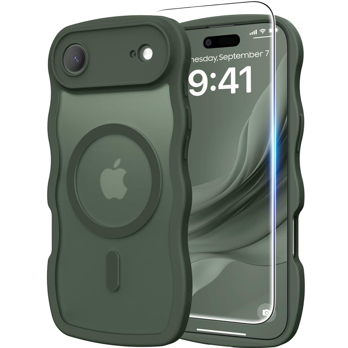 DOMAVER for iPhone Air Case for Women, 1X Screen Protector+1X Wrist Strap, [Compatible with MagSafe] [Full Camera Protection] Cute Wave Frame Matte Phone Case for iPhone Air 6.5", Deep Green