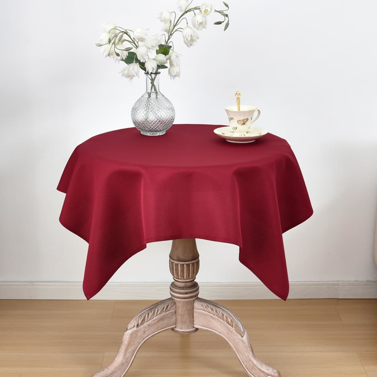 Viiamacki Burgundy Square Small Tablecloth, 24 x 24 Inch, Stain and Wrinkle Resistant Machine Washable Polyester Table Cloth, Fabric Nightstand End Table Cover