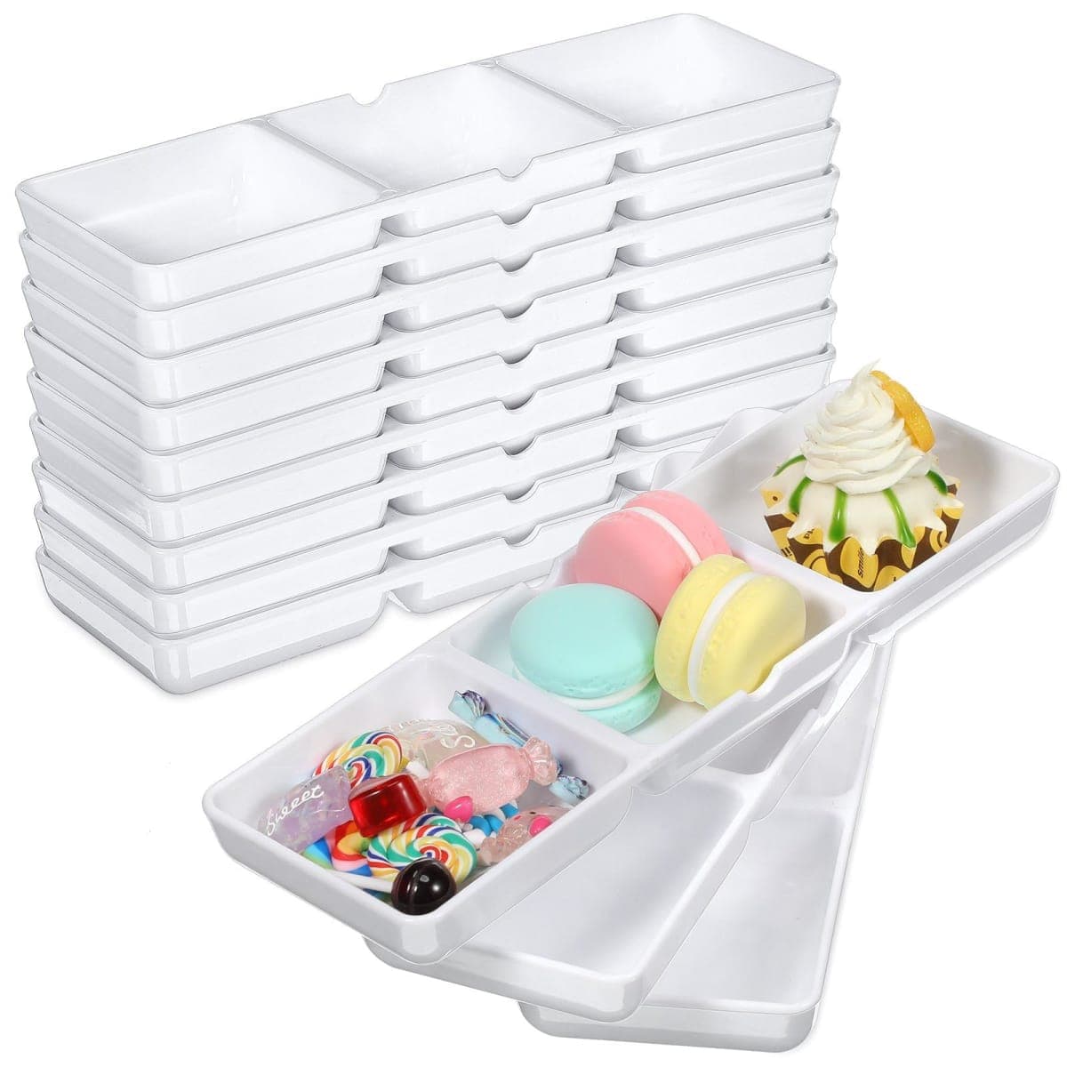 Nuogo 12 Pcs Small White Party Plastic Appetizer Serving Tray 3 Compartment Serving Dishes Reusable Stackable Sectional Platter Rectangular Divided Split Dish for Party Restaurant Kitchen Food Candy