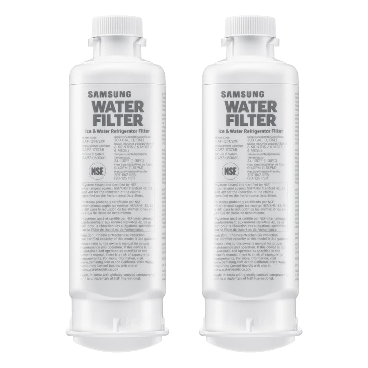 Samsung HAF-QIN-2P/EXP Genuine Refrigerator Water Filter, Reduces 99% of Harmful Contaminants for Clean, Clear Drinking Water, 6-Month Life, Easy Install, Pack of 2