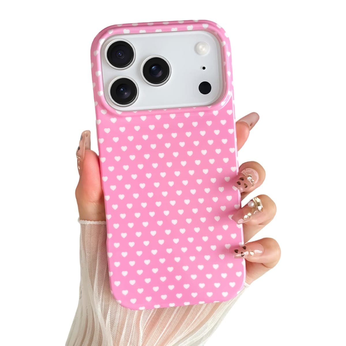 Skyseaco for iPhone 17 Pro Max Case Cute Heart Phone Case Soft Slim TPU Shockproof Phone Cover for Women Girls - Pink and White