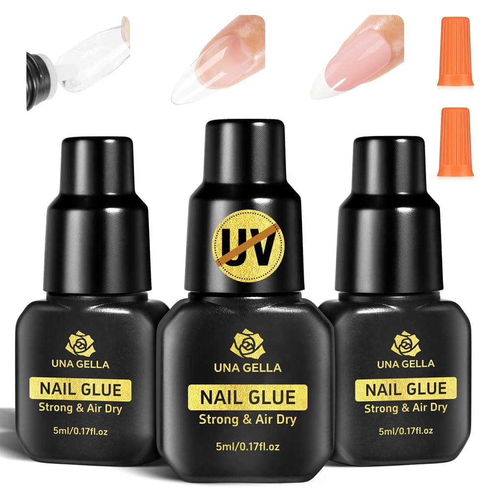 UNA GELLA Fast Drying Super Strong Nail Glue for Press Ons(5ML 3PCS) Acrylic Nails Tips No U/V Light Needed Press On Nail Glue Salon Quality Professional Nails G Lue Home DIY with Opener, Drip Use