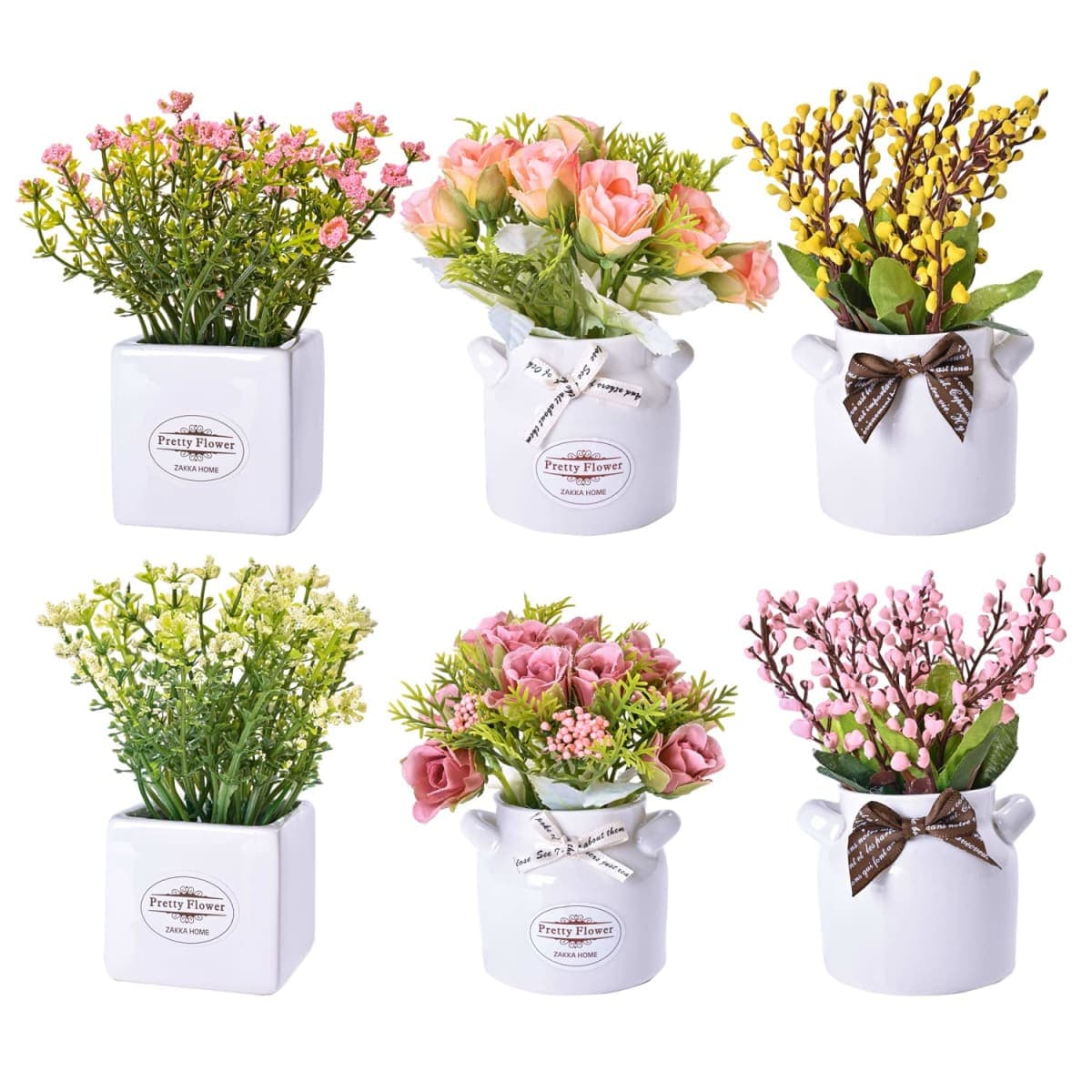 LUEUR 6Pcs Artificial Pot Flowers with Ceramic Potted Fake Flower Arrangements Small Faux Flower in Pots for Home Farmhouse Office Windowsill Table Centerpieces Shelf Decor