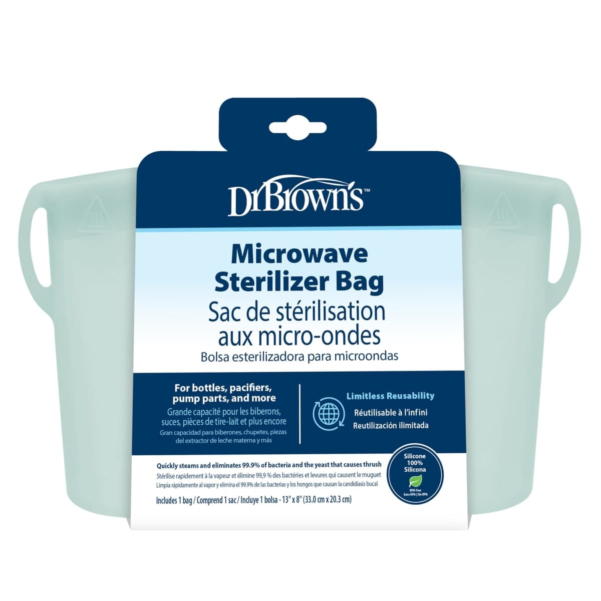 Dr. Brown’s 100% Silicone Microwave Steam Sterilizer Bag for Baby Bottles, Breast Pump Parts & Other Toddler Accessories, Reusable Sterilizing Bag - Packaging May Vary