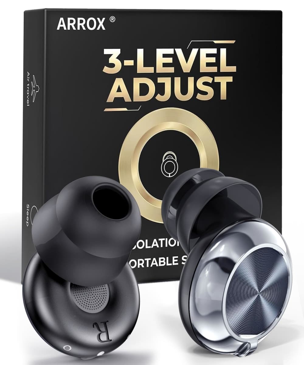ARROX Adjustable Ear Plugs for Sleeping, 3 Noise Relief Modes (13-45 dB), Double-Layer Ultra-Soft Silicone Earplugs, Reusable Ear plugs for Concerts, Deep Focus, Side Sleepers & Travel, 4 Size Eartips