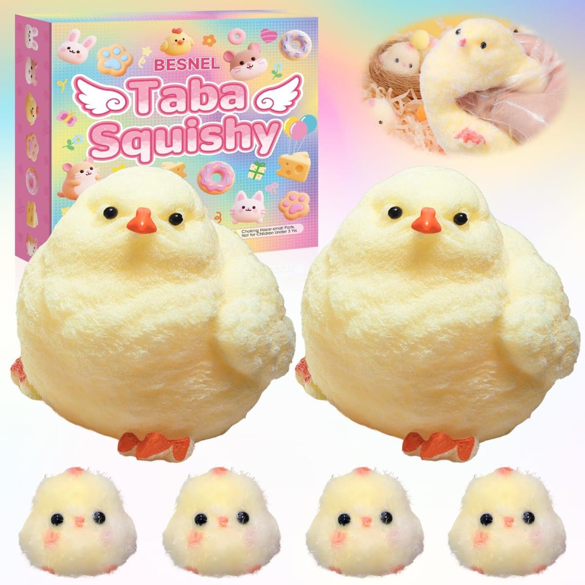 6Pcs Big Taba Squishy Fidget Toys-3.15in, Handmade Ultra Soft Chick Taba Squishy Kit, Cute Fidget Toys Silicone Squeeze Toys for Kids & Adults Stress Relief（Chicken）