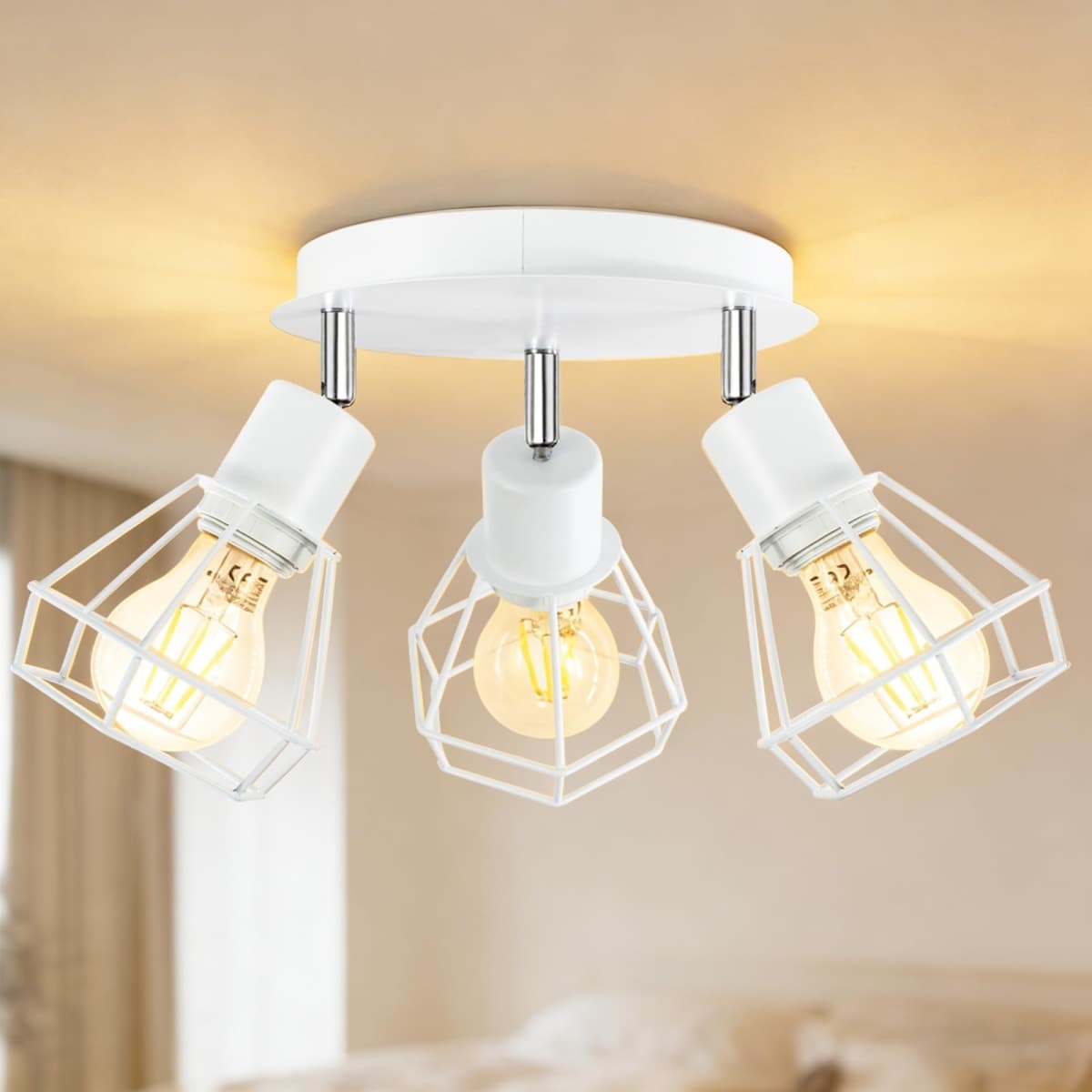 HiBay 3-Light Ceiling Light Fixture, Directional Modern LED Track Lighting White, Metal Cage Farmhouse Spot Light Flush Mount for Kitchen, Bedroom, E26 Base (Bulbs Not Included)