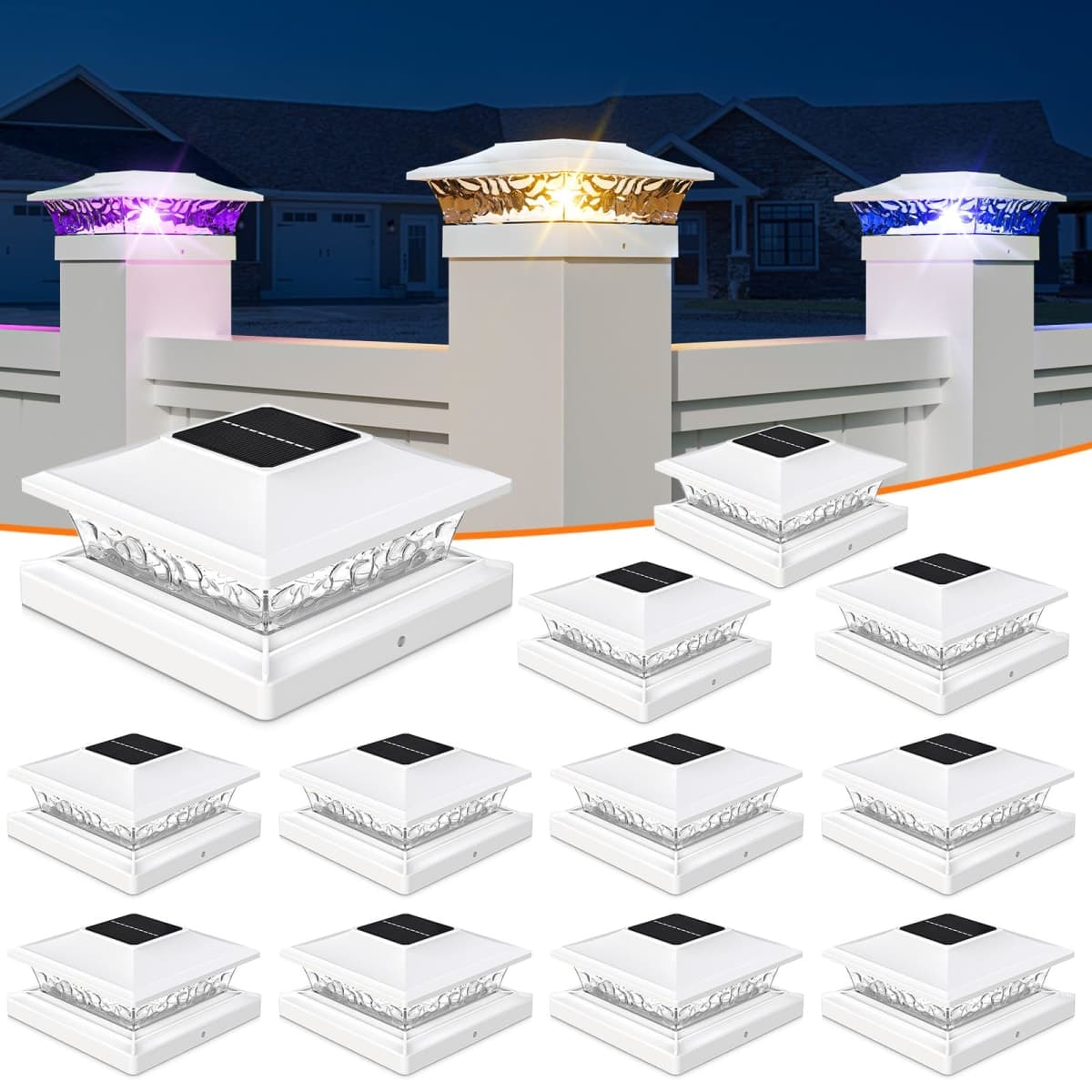 APONUO Solar Post Cap Lights with 8 RGB Solid Colors & Multicolor Flow - 12 Pack Fence Post Solar Lights, IP65 Waterproof - Fits 4x4 5x5 6x6 Wood & Vinyl Posts - White