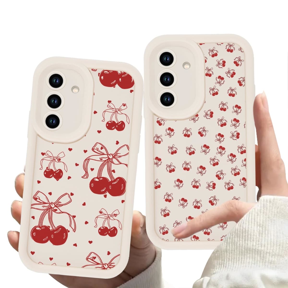 Zrutru 2 Pack Cherry Phone Case for Samsung Galaxy S23 5G 6.1",Cute Aesthetic Cases Kawaii Bow Design Pattern Cover for Girls Women,Beige Soft Anti-Scratch Shockproof Protection Funda for Samsung S23