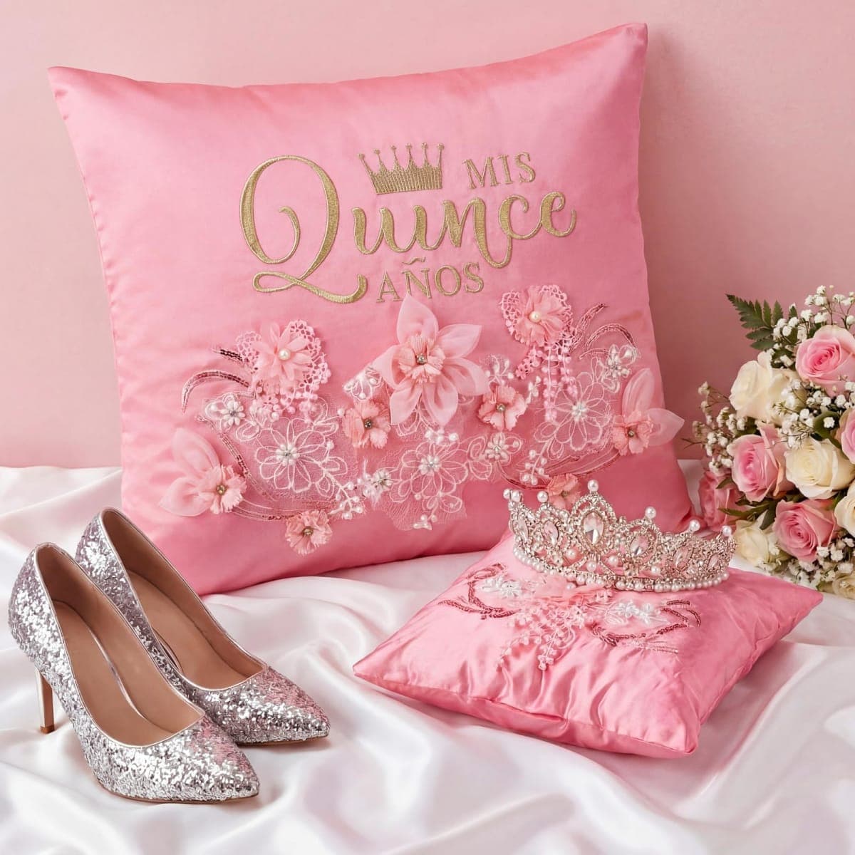 Mixweer 2 Pcs Cojines Pink Quinceañera Pillow Set Embroidered Decorative Pillow Cojines para 15 Años De Quinceañera Wedding Decorations Mis Gifts