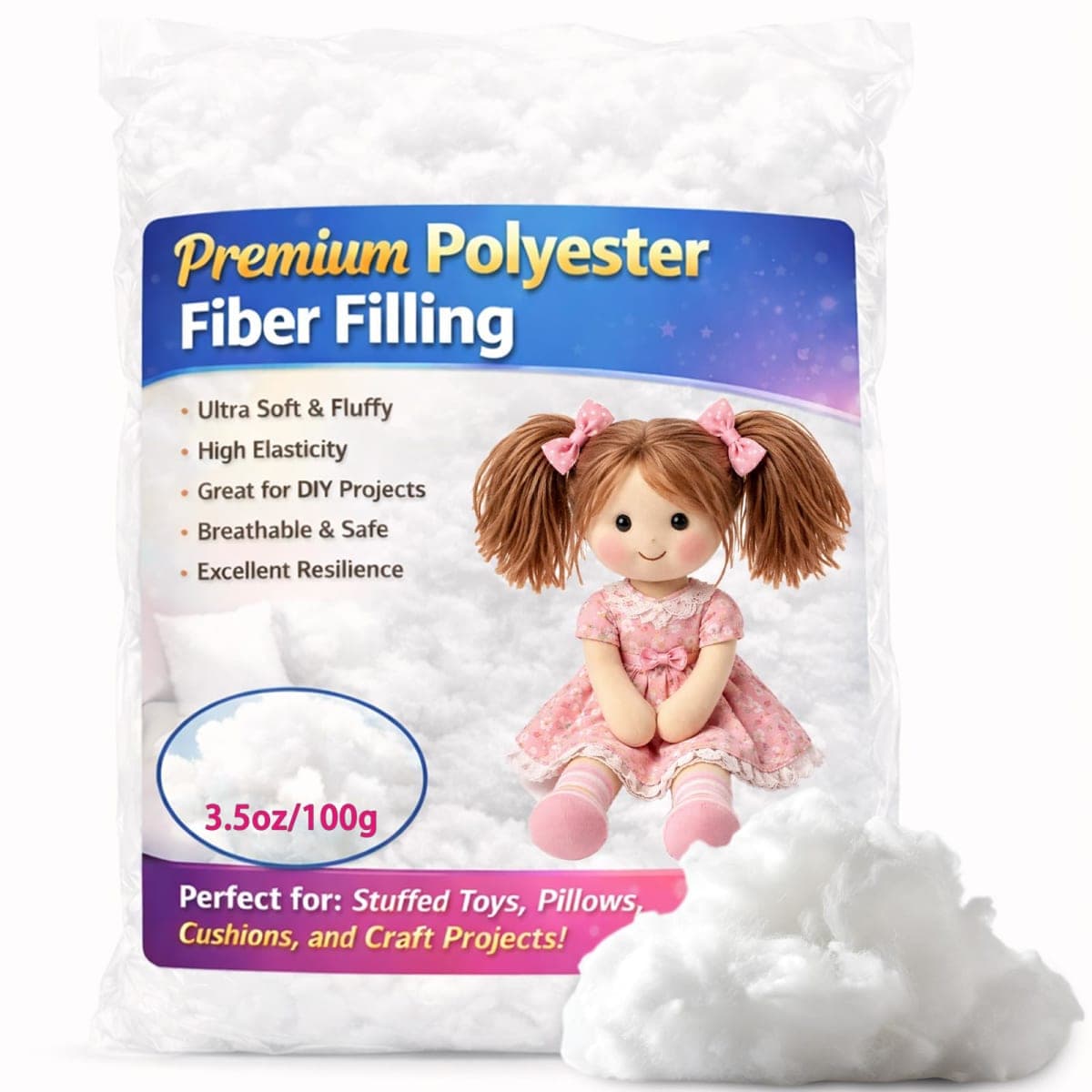 Welacer Pillow Stuffing 3.5oz/100g, Polyfill Stuffing for Stuffed Animals, Crafts, Back Cushions, Cloud Decoration, All-New Material Premium White Polyester Filling for Sewing, Crochet