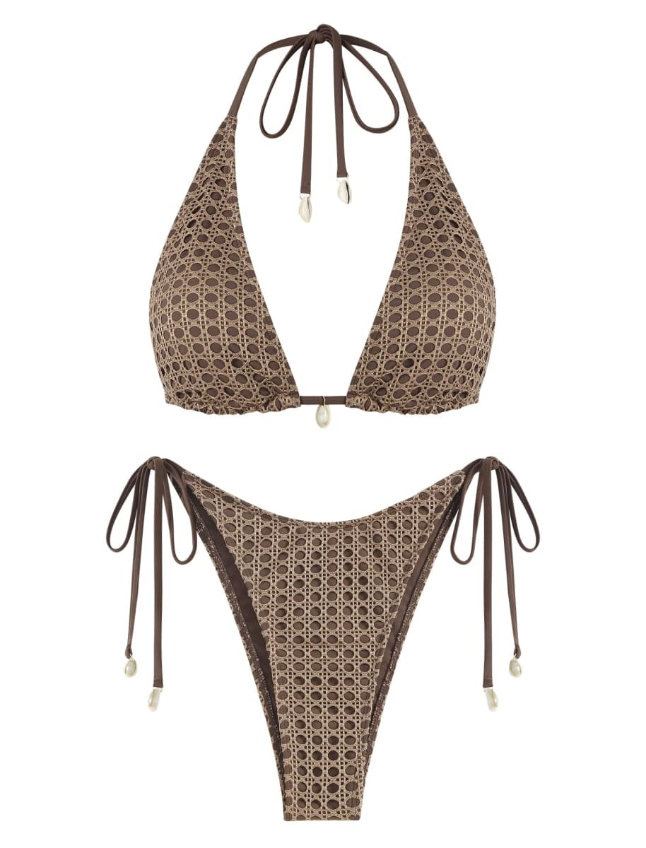 ZAFUL Women's Triangle Bikini Multiway Fishnet Tie Side Bandeau Halter String Bikini Set Two Piece Swimsuit Bathing Suits, 1b-brown, Small