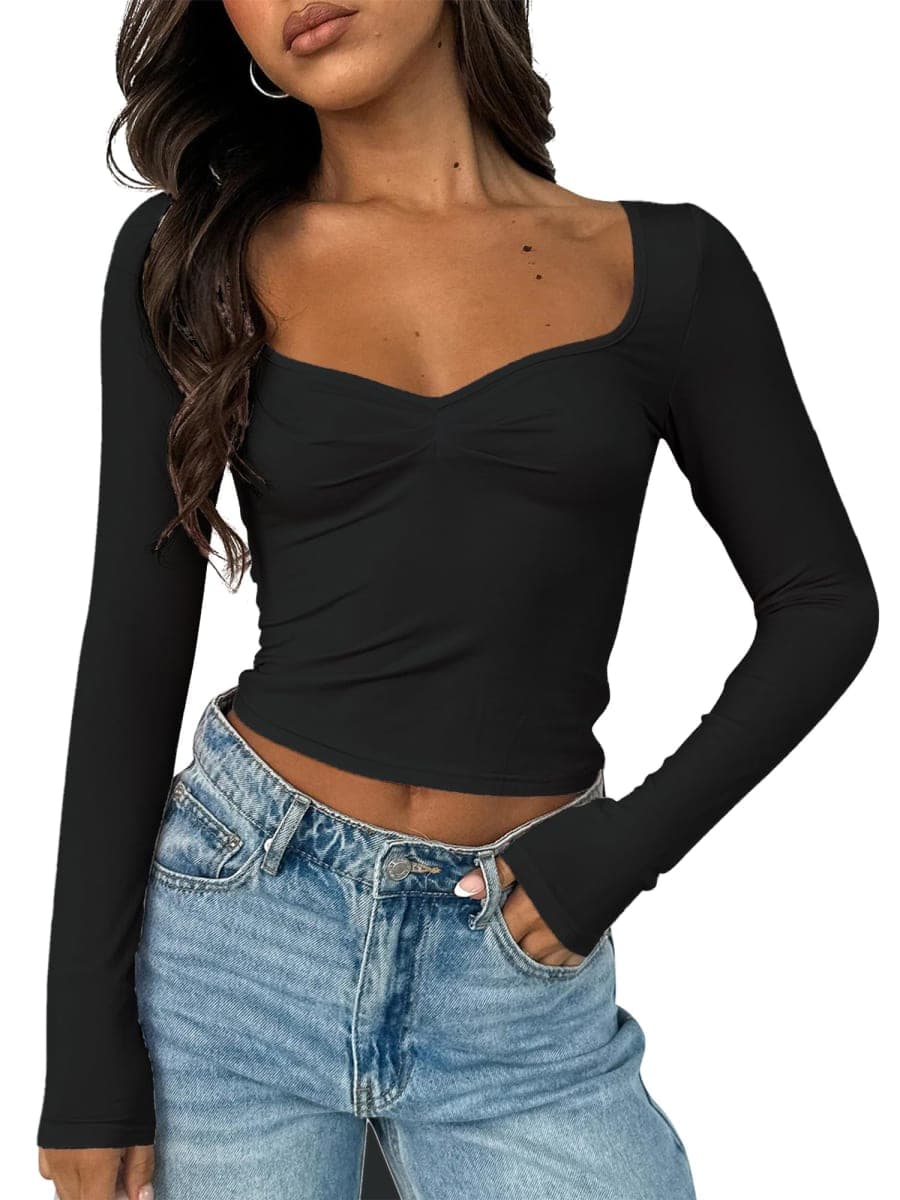ForeFair Women's Sexy Long Sleeve Going Out Tops Pleated Bustier Shirt Cute Sweetheart Neck Y2K Cropped Top, Black, Small