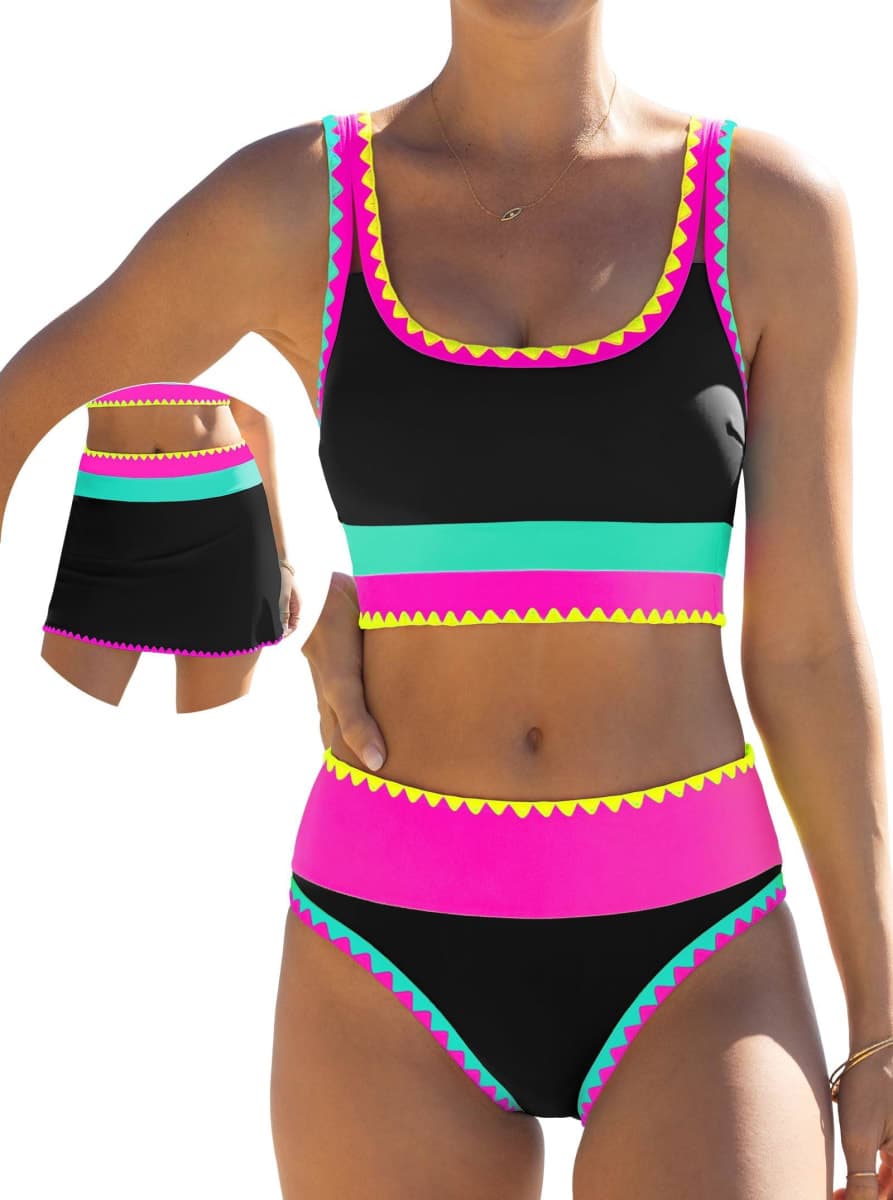 popvil High Waisted Bikini Sets for Women Tummy Control Swimsuits 3 Piece Bathing Suits Neon Swimwear with Skirt 2026, Black, Large