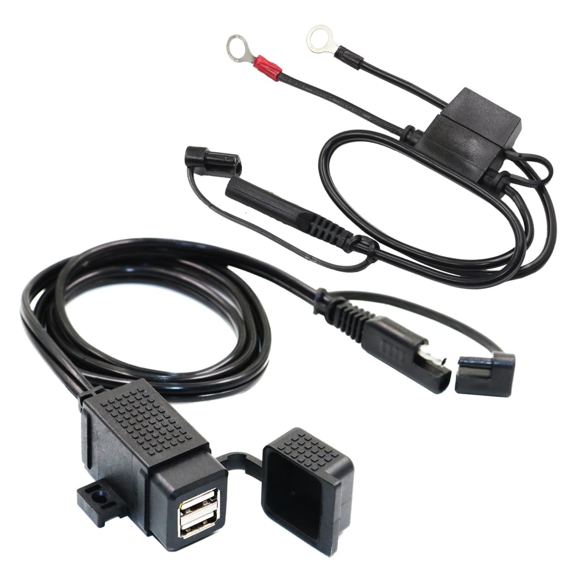 MOTOPOWER MP0609EA 3.1Amp Waterproof Motorcycle Dual USB Charger Kit SAE to USB Adapter Cable Phone Tablet GPS Charger with SAE Ring Terminal Cable Harness