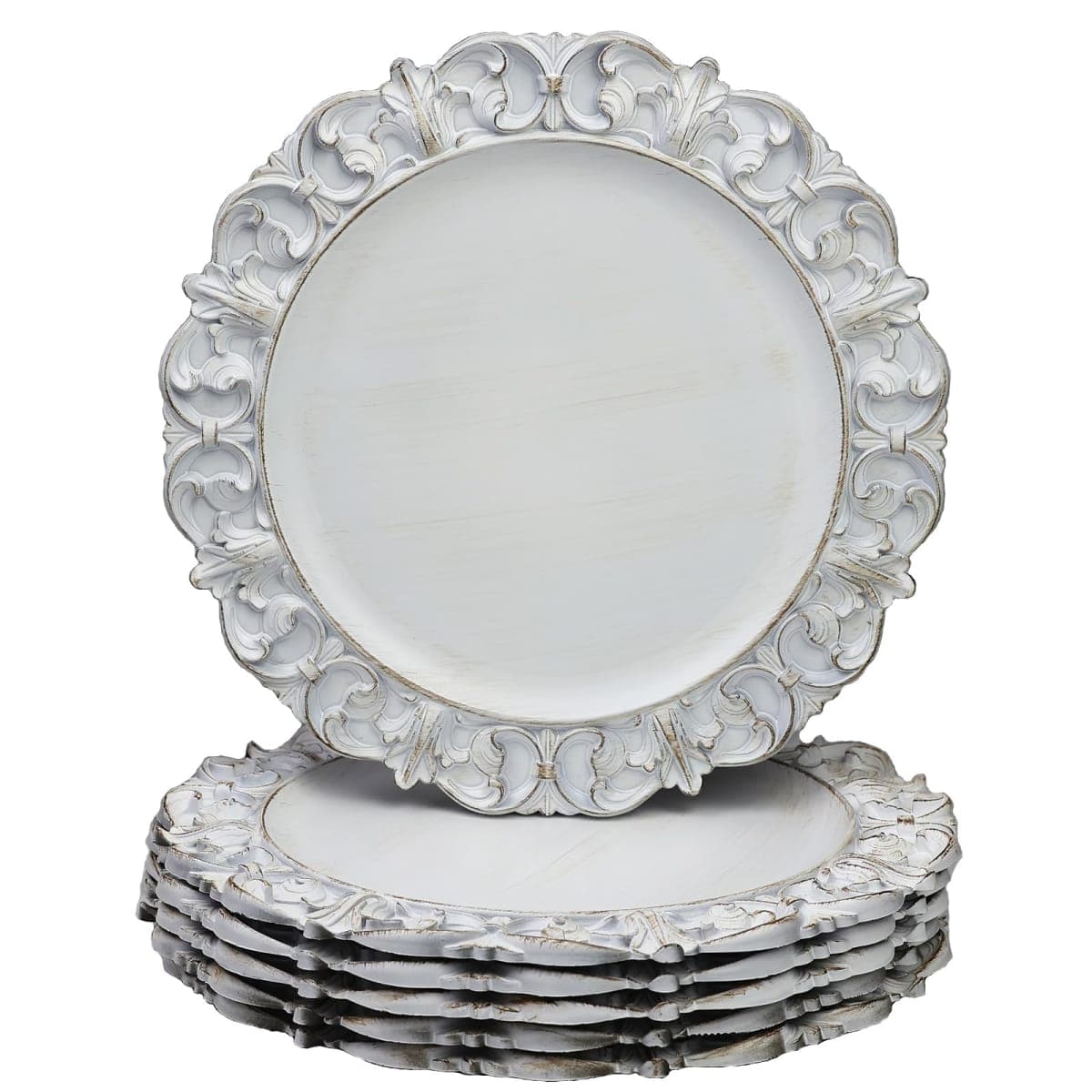 Leemxiiny 13" Antique White Charger Plates, Set of 6 Plastic Textured Chargers for Dinner Plates with Embossed Rim, Table Décor, Party, Wedding, Holiday