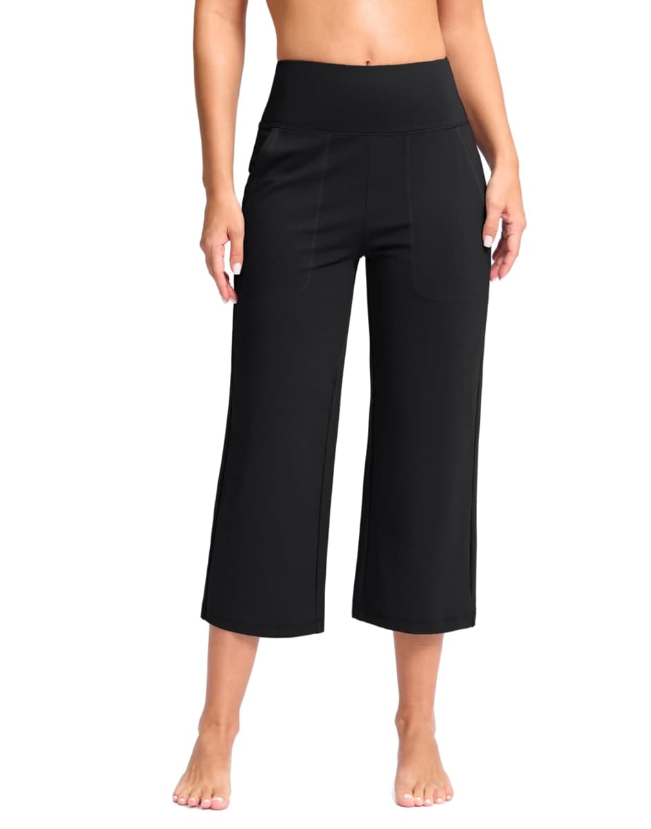 G Gradual Women's Capri Pants with Pockets High Waist Yoga Pants Wide Leg Workout Summer Pants for Casual, Travel, Exercise, Black, X-Large