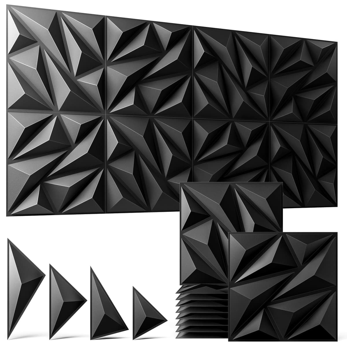 ZELMINE 16 Pack 3D Wall Panels for Interior Wall Decor, 11.8'' x 11.8'' Decorative Wall Panels, Accent Wall Panels, 3D Diamond Design Wall Decor for Living Room, Bedroom, Gaming Room, Black