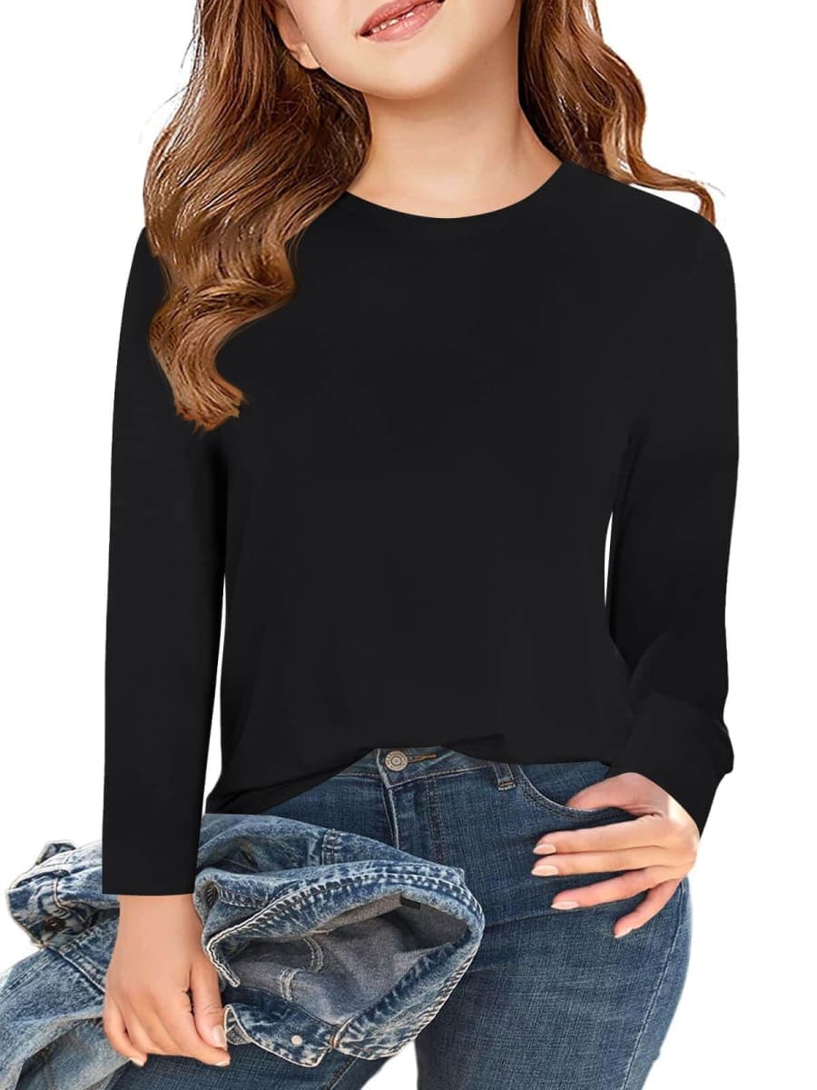 Haloumoning Girls Long Sleeve T Shirts Kids Fall Tops Crewneck Basic Tees 5-14Y, Black, 11-12 Years