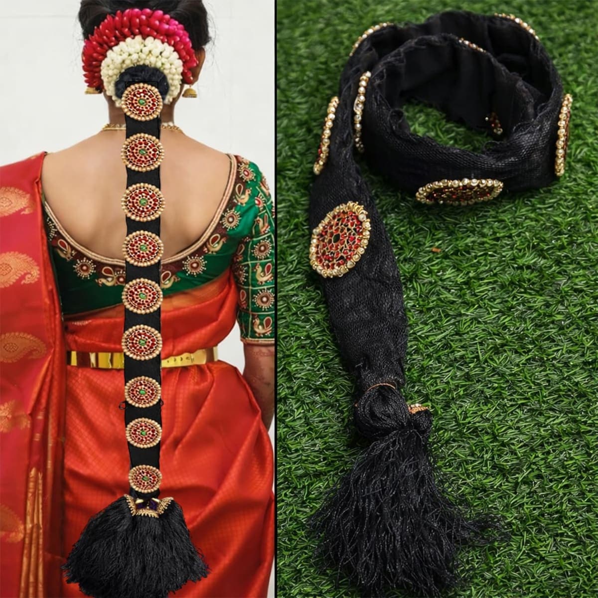 THANU'S CRAFT Bridal False Hair Choti Poola Jada Billalu Ornament Set Full Moon Shape Temple Jewellery Bharatanatyam Classical Dance Jewelry for Women.