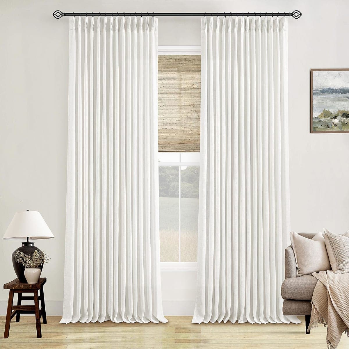 TWODRAPES Set of 2 Beige and White Linen Pleated Curtains for Living Room, Bedroom - Semi-Sheer Light Filtering Curtains with Hooks and Rings, 40 x 102 inches