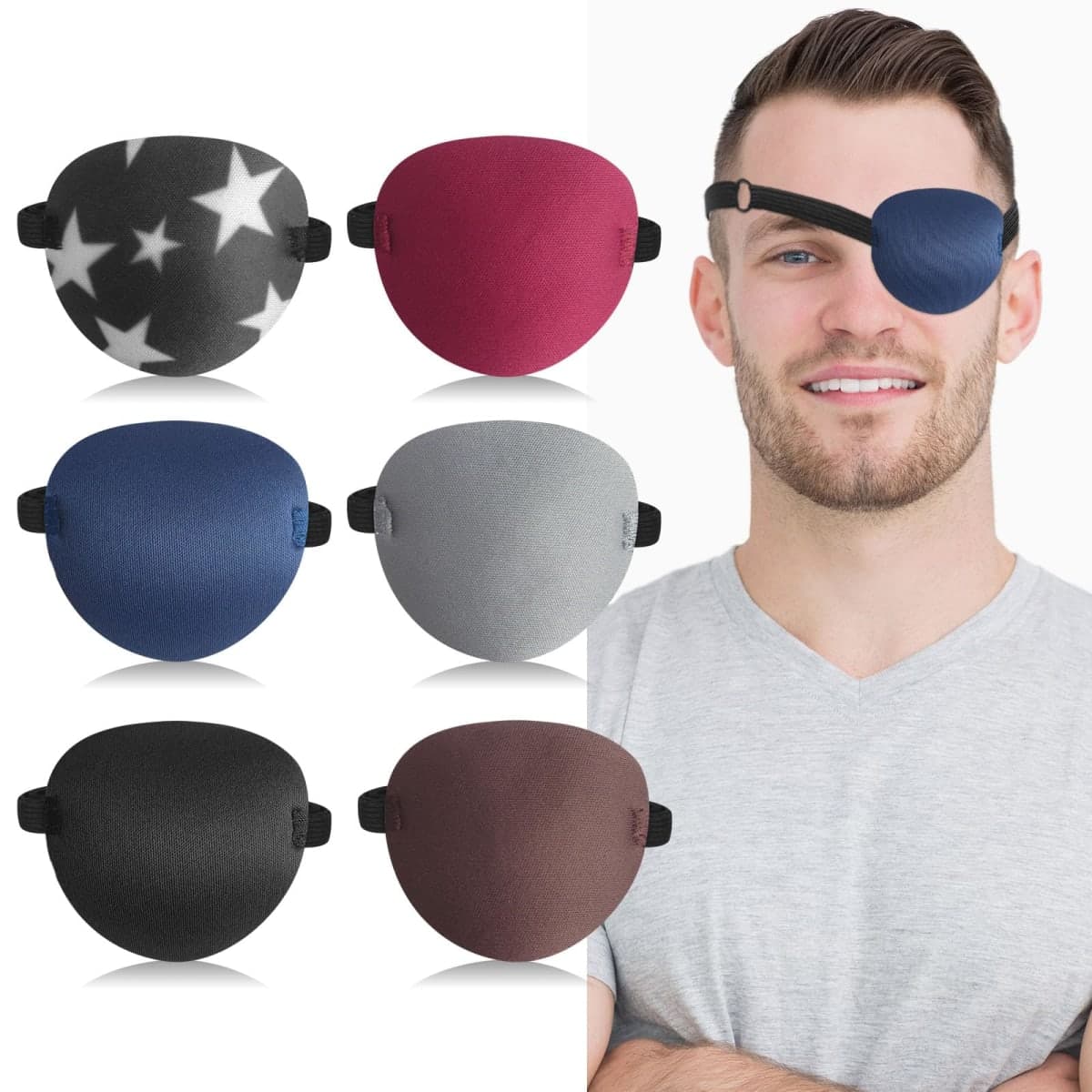 RIKEYO 6pcs Eye Patches,Comfortable Adjustable Medical Eyepatch for Right or Left Eye,Pirate Costume Black,Blue,Red,Brown,Gray