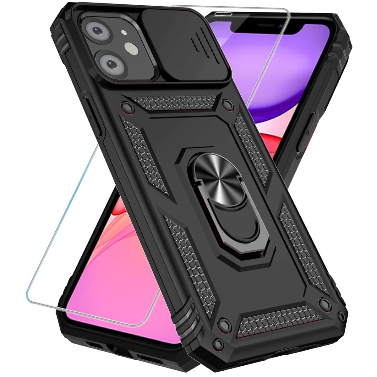 SunStory Phone Case for iPhone 11 Case with HD Screen Protector & Slide Camera Cover & Rotated Ring Kickstand, [Military-Grade] Phone Case for iPhone 11 6.1'', Black