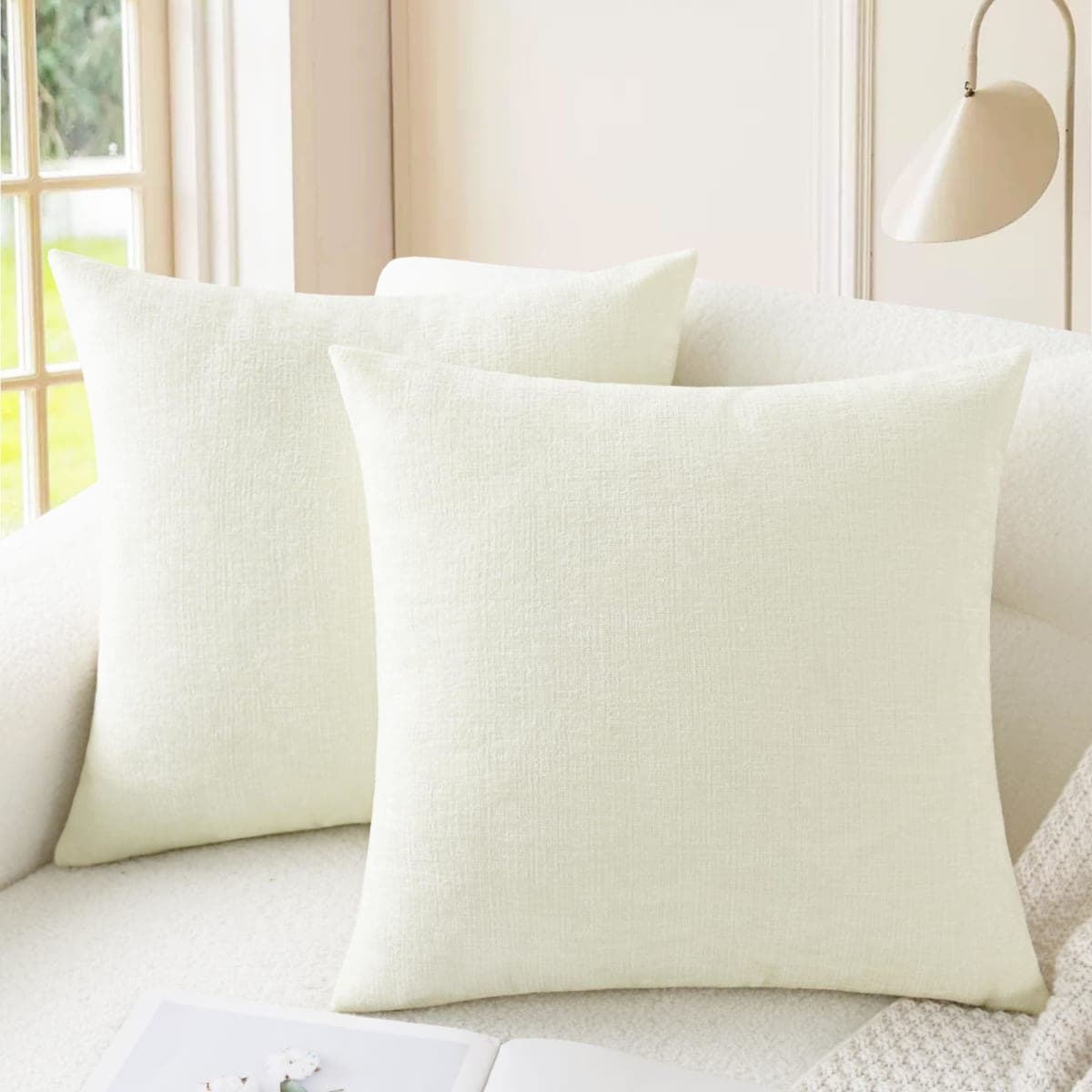 CaliTime Pack of 2 CaliTime Cozy Throw Pillow Covers Cases for Couch Sofa Home Decoration Solid Dyed Soft Chenille 22 X 22 Inches Cream