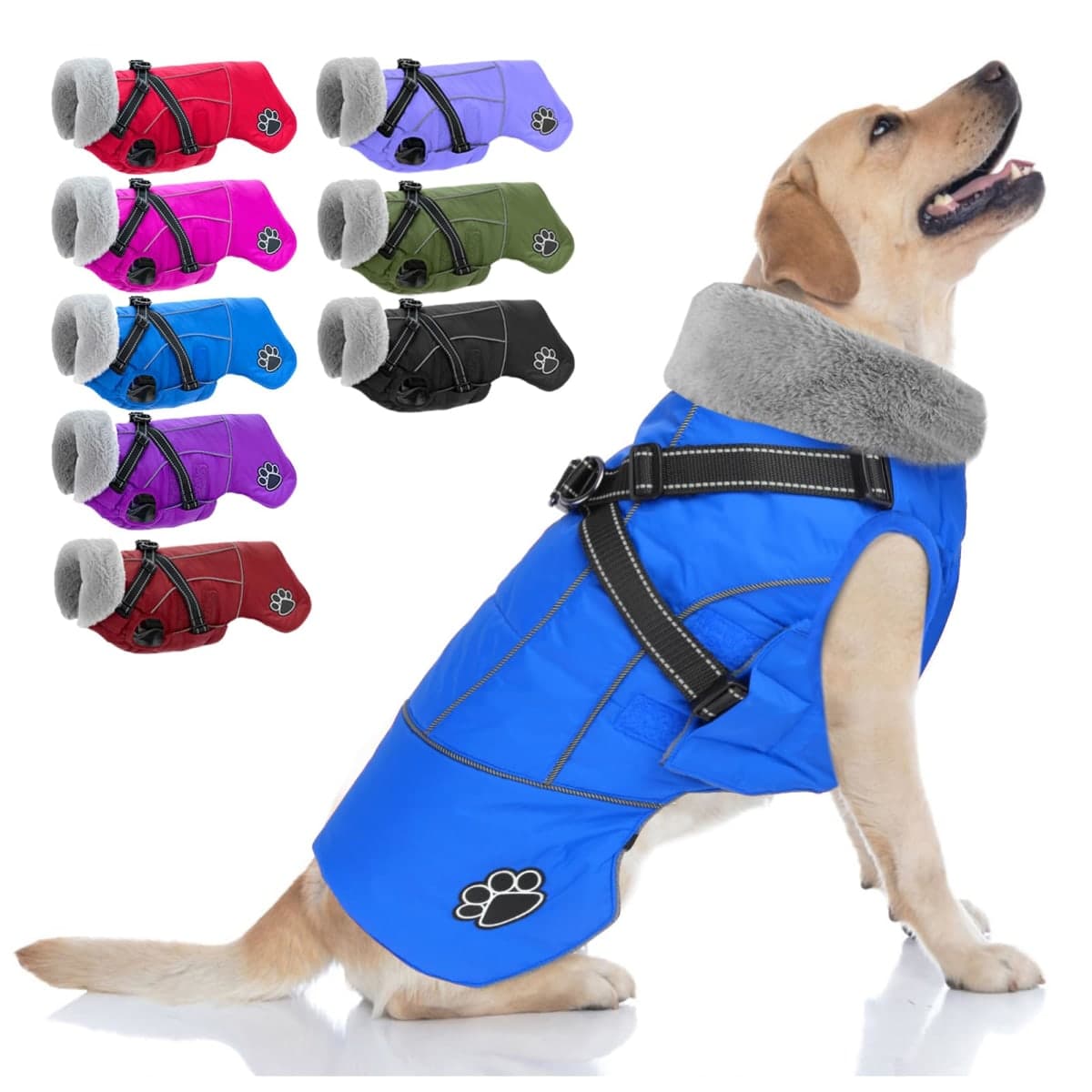Doglay Dog Jacket Waterproof Dog Coat with Harness Built in, Christmas Puppy Winter Coat Reflective Turtleneck Puffer Snow Jackets for Small Medium Large Dogs