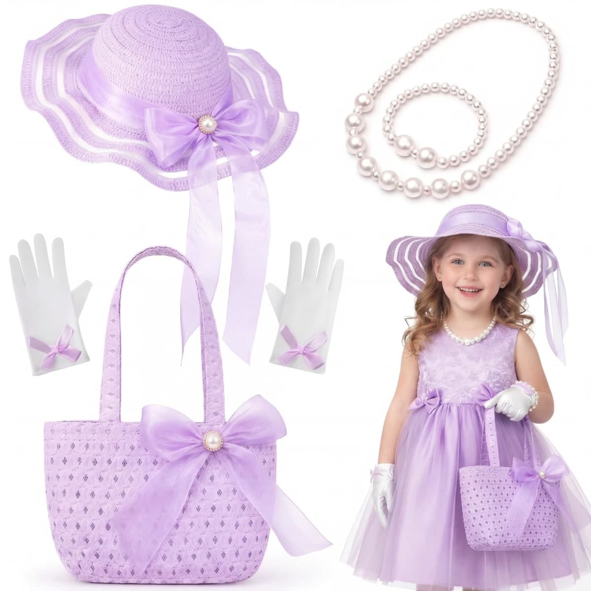 Tradder 5pcs Girls Tea Party Hat Accessories Set Tea Party Straw Hat and Glove Pearl Necklace Handbag Princess Dresses Outfit(Purple,Ribbon Bow)