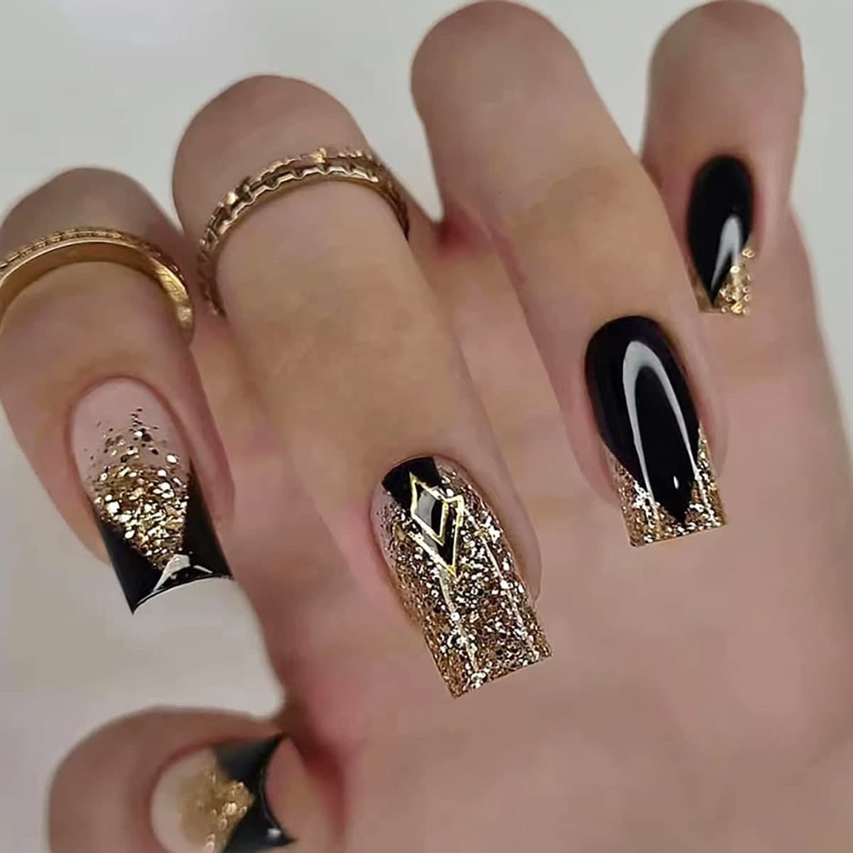 Acrylic Square Press on Nails Medium Length Black Fake Nails Gold Shiny Artificial False Nails with Gold Foil Designs Full Cover Artificial Stick on Nails for Women (style4, 0.10 Fl Oz (Pack of 28))