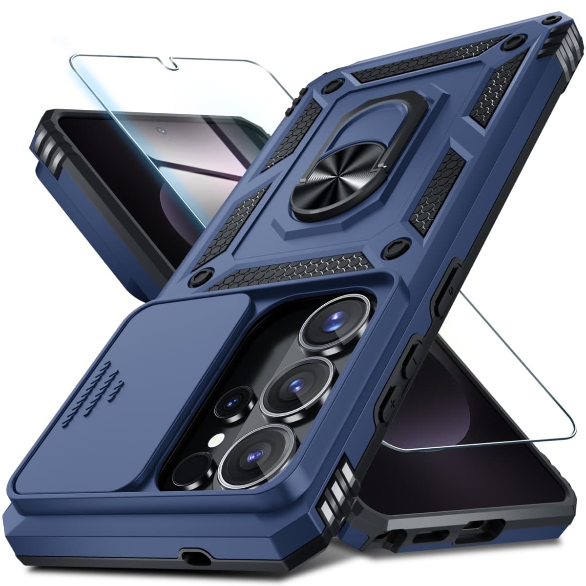 Janmitta Compatible with Samsung Galaxy S26 Ultra Case Built in Slide Camera Lens Cover+Screen Protector+Finger Ring Holder Kickstand,Heavy Duty Shockproof Full Body Phone Cover,2026 Blue