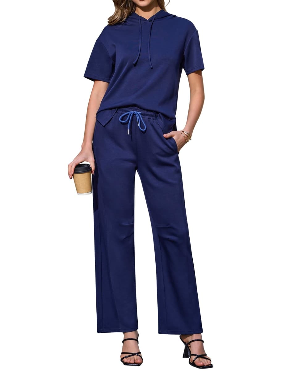 difficort Womens 2 Piece Hoody Outfits Spring Lounge Sets Wide Leg Loungewear Workout Sets with Pockets, Navy, X-Large