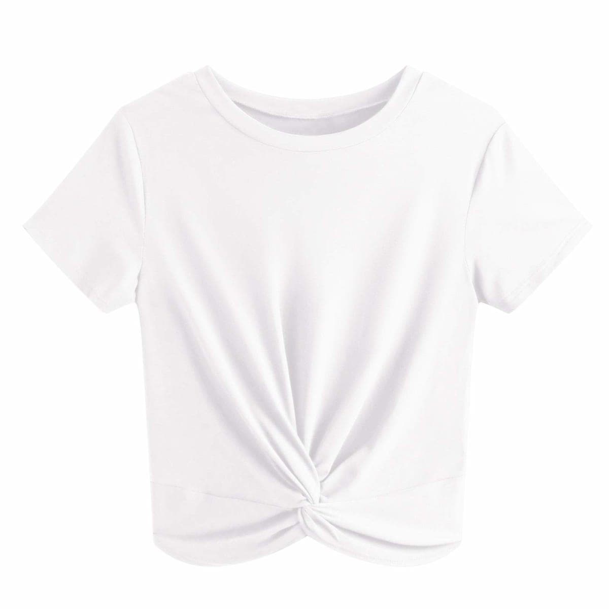 JINKESI Women's Summer Causal Short Sleeve Blouse Round Neck Crop Tops Twist Front Tee T-Shirt White-Large