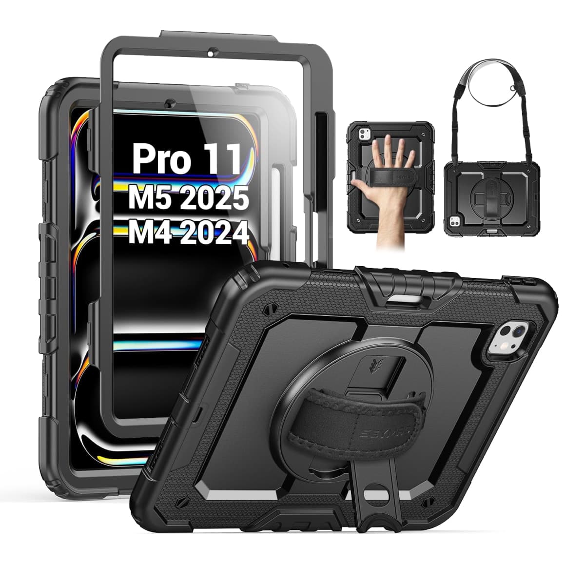 SEYMAC for iPad Pro 11 Inch Case 2024 (M4), Heavy Duty Shockproof Protective Case with Screen Protector, 360° Rotating Stand, Hand/Shoulder Strap and Pen Holder for iPad Pro 11 2024, Black