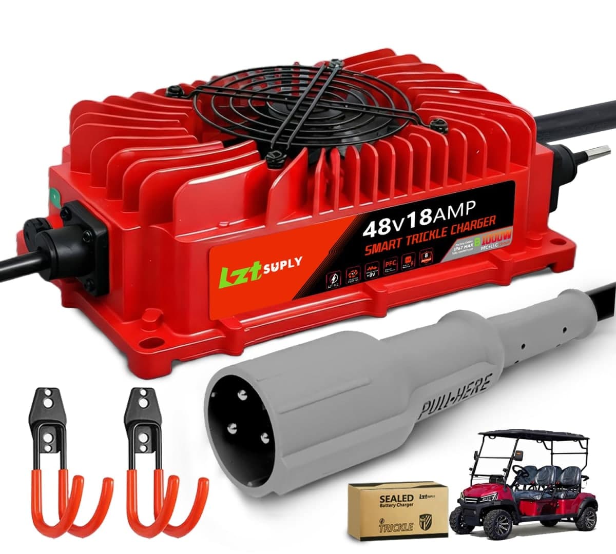 Lztsuply 48V 18Amp Golf Cart Battery Charger for Club Car 3-Pin Round with 16Ft Cable, IP67 Waterproof Smart Trickle Charger Replacement for 48 Volt Lead-Acid Batteries