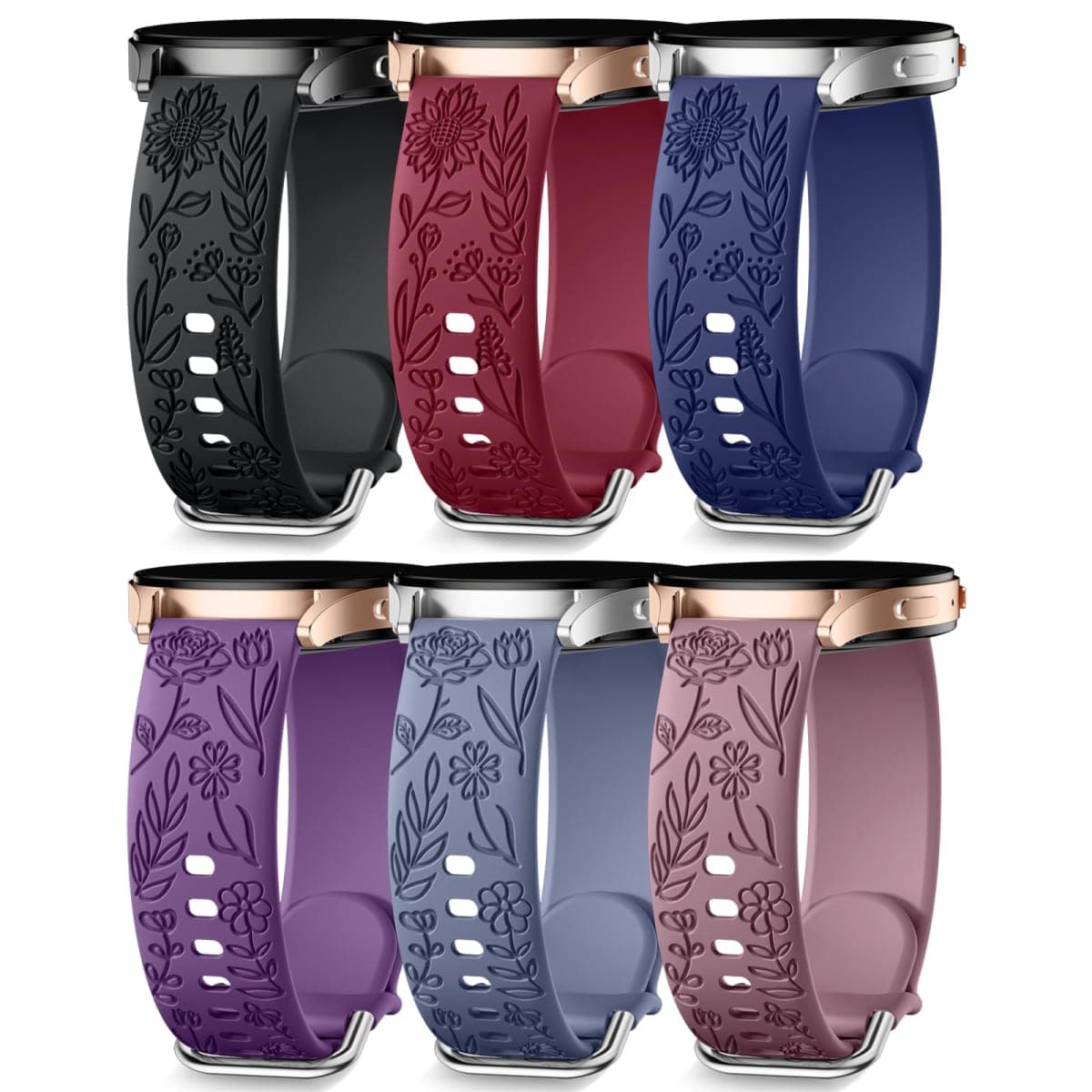 SNBLK 6 Pack Floral Engraved Bands Compatible with Samsung Galaxy Watch 7 Band 6 5 4 Active 2 FE 40mm 44mm/Watch 6/4 Classic/5 Pro/3, 20mm Cute Flower Silicone Sport Strap for Samsung Watch Bands