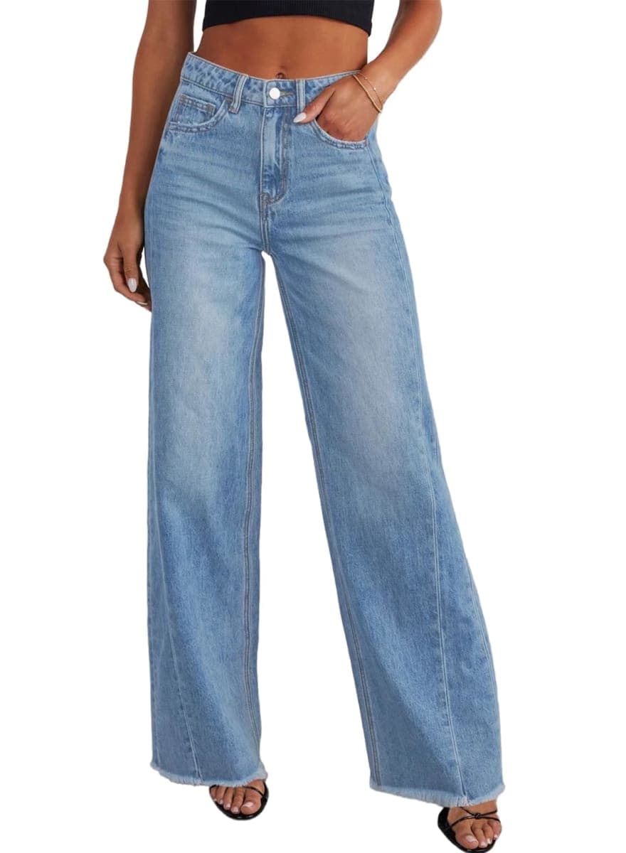SIDEFEEL Women's Baggy Jeans Femme Trendy 2026 Strechy Wide Leg High Waisted Raw Hem Zimbaplatinum Denim Pants, Light Blue, 6