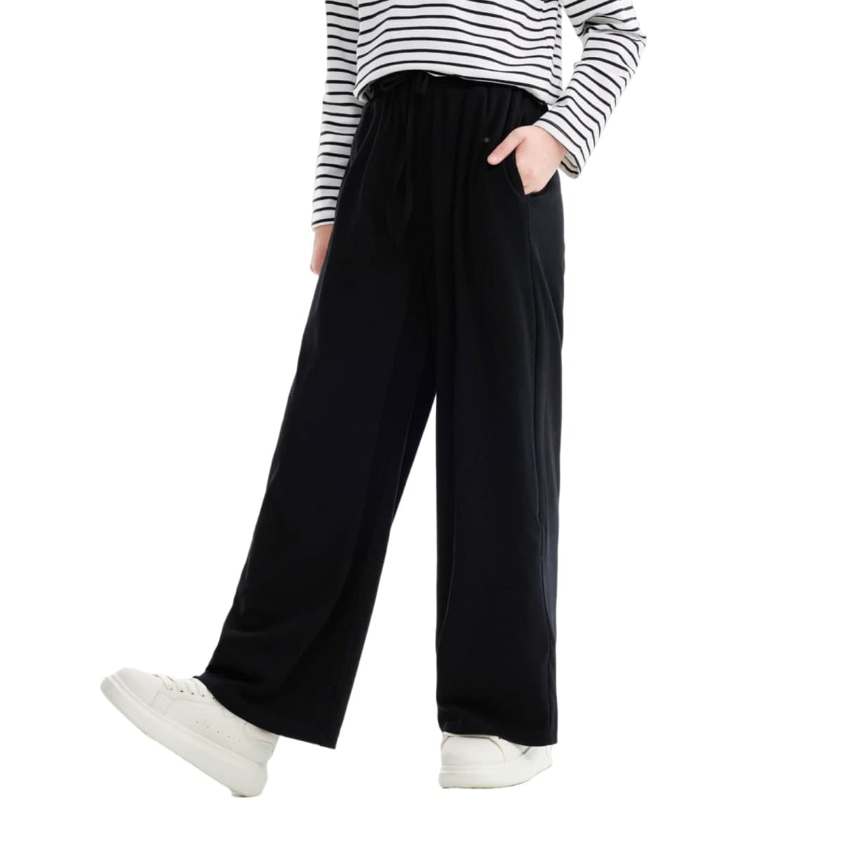 MIANZHI Wide Pants, Kids, Girls, Summer, Girls, Long Pants, Children, Easy Chin, Cool Pants, 47.2-63.0 inches (120-160 cm), Cotton, Black, 150
