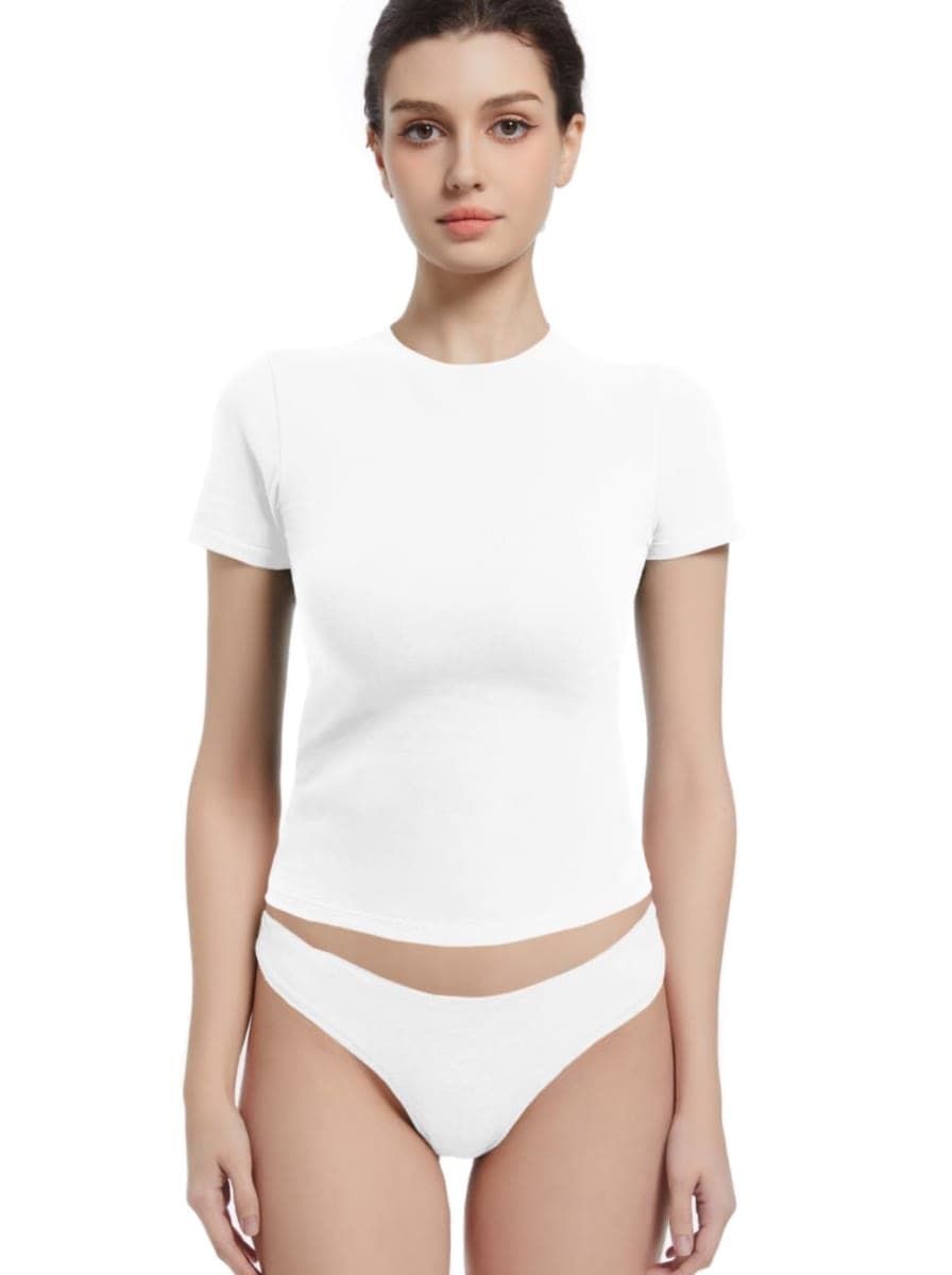 Abonlen Crewneck Short Sleeve T Shirts for Women Fitted Basic TeesY2k Going Out Tops, White, Medium