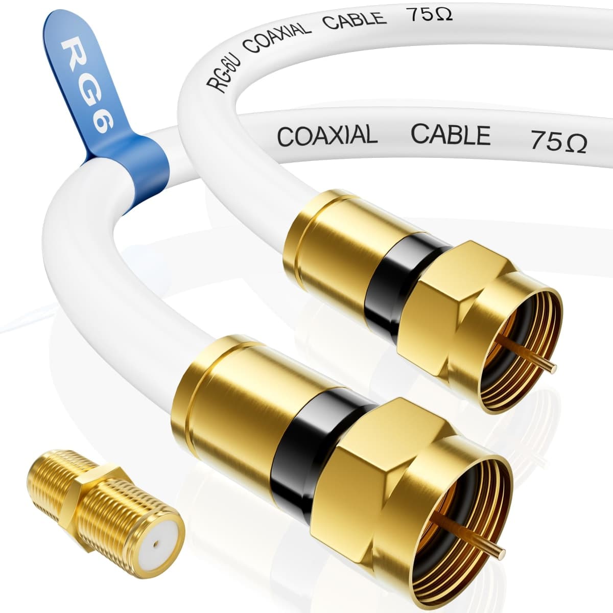 RG6 Coaxial Cable, 10FT Coax Cable Cord with Gold F-Type Connector, High Speed Internet, Digital TV Aerial for HDTV, Satellite, Antenna, Modem with Extender- 10ft,White