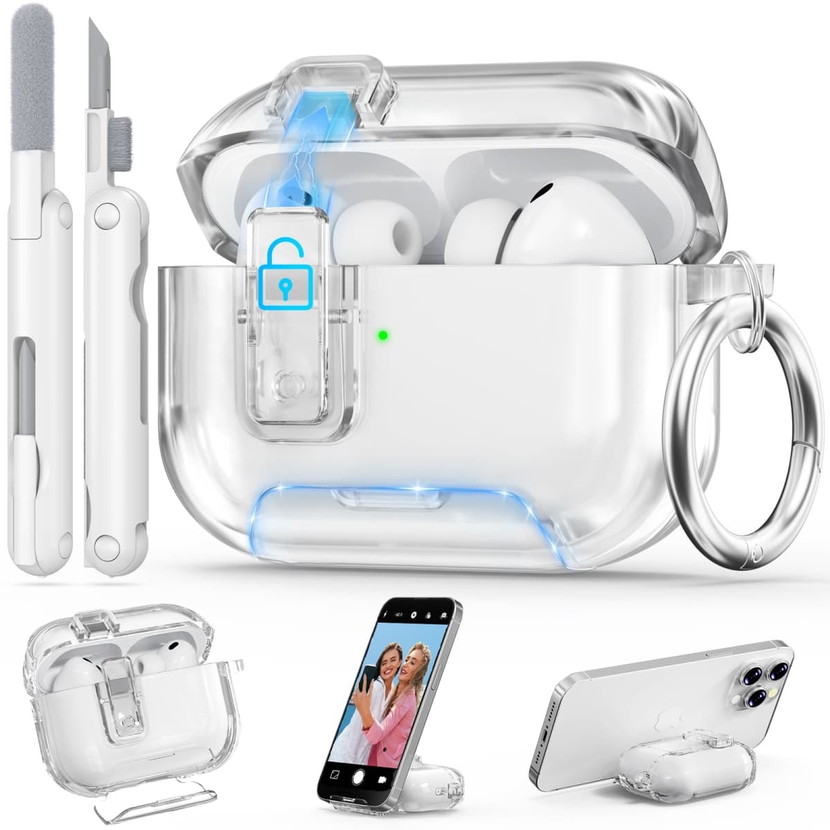 Ensfomte for AirPods Pro 3 Clear Case 2025 with Secure Lock, Soft TPU Transparent Case Cover for Apple AirPods Pro 3rd Generation with Phone Stand & Cleaning Kit for Women Men with Keychain, Clear