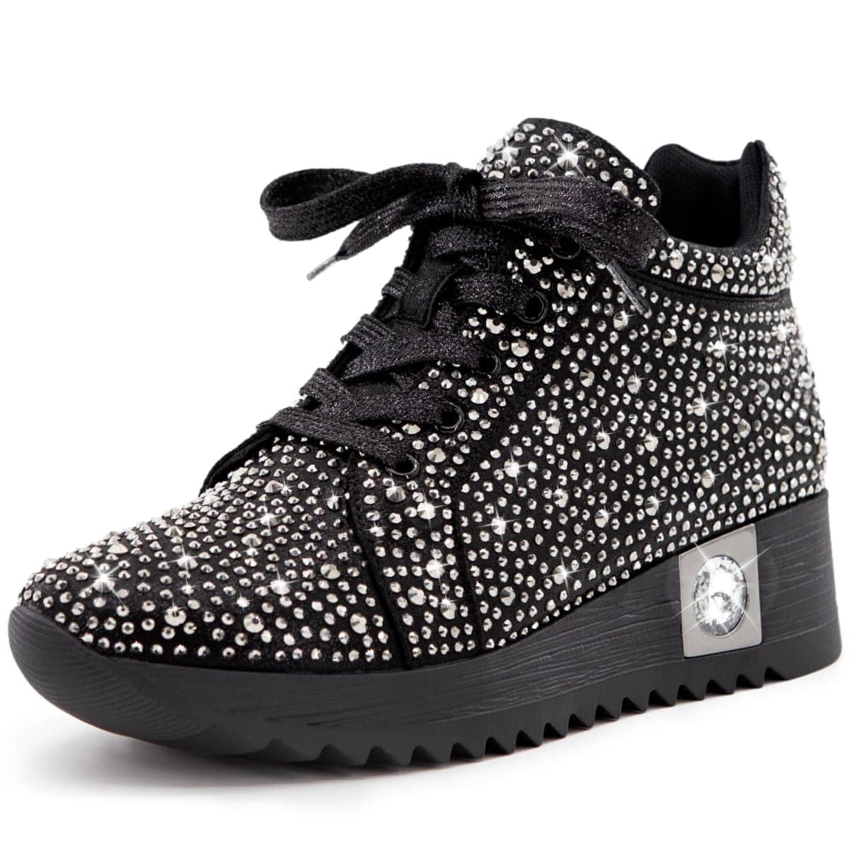 FINDVELL Women's Fashion Glitter Sneakers Platform Wedge Shoes Sparkly Rhinestone High Top Sneakers Trendy Sequin Shoes Wedding Bride Dress, Black, 11