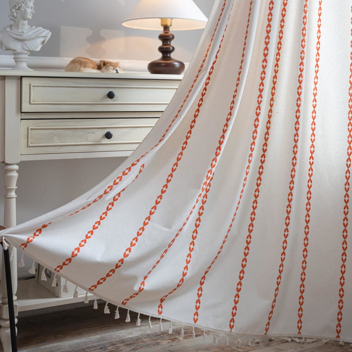 Sutuo Home Boho Curtains 96 inches for Bedroom Living Room, Semi Blackout Embroidery Window Bohemian Tassels Drape for Halloween Festival Decor, Rod Pocket 1 Panel 52" W x 96" L, White and Orange